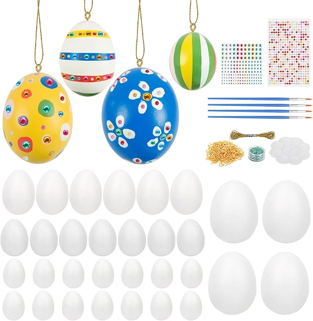 BIGKASI 32Pcs White Easter Egg Decorations Styrofoam Easter Eggs Hanging Ornament Set Easter Hunt Gifts Blank Eggs for DIY Paint Home Decorate Kids Party Arts Crafts