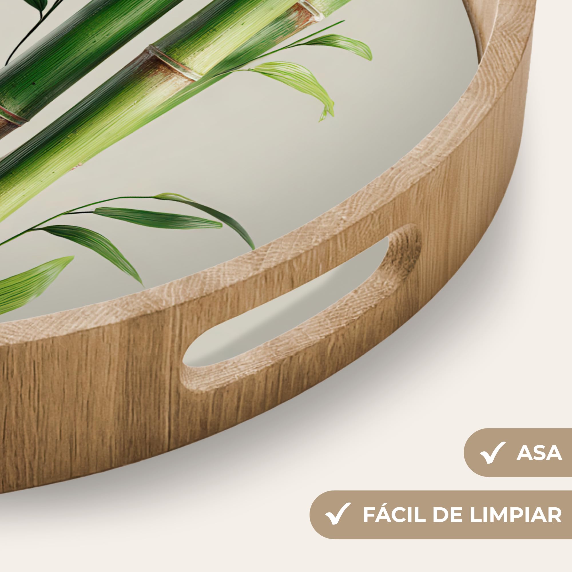 Bandeja Madera De Roble Redonda 40x40 cm Bandejas Desayuno para Servir Comida Cocina Resistente Al Calor Cafe Tray Tabuleiro Tallos bambú - Ornamental - Verde