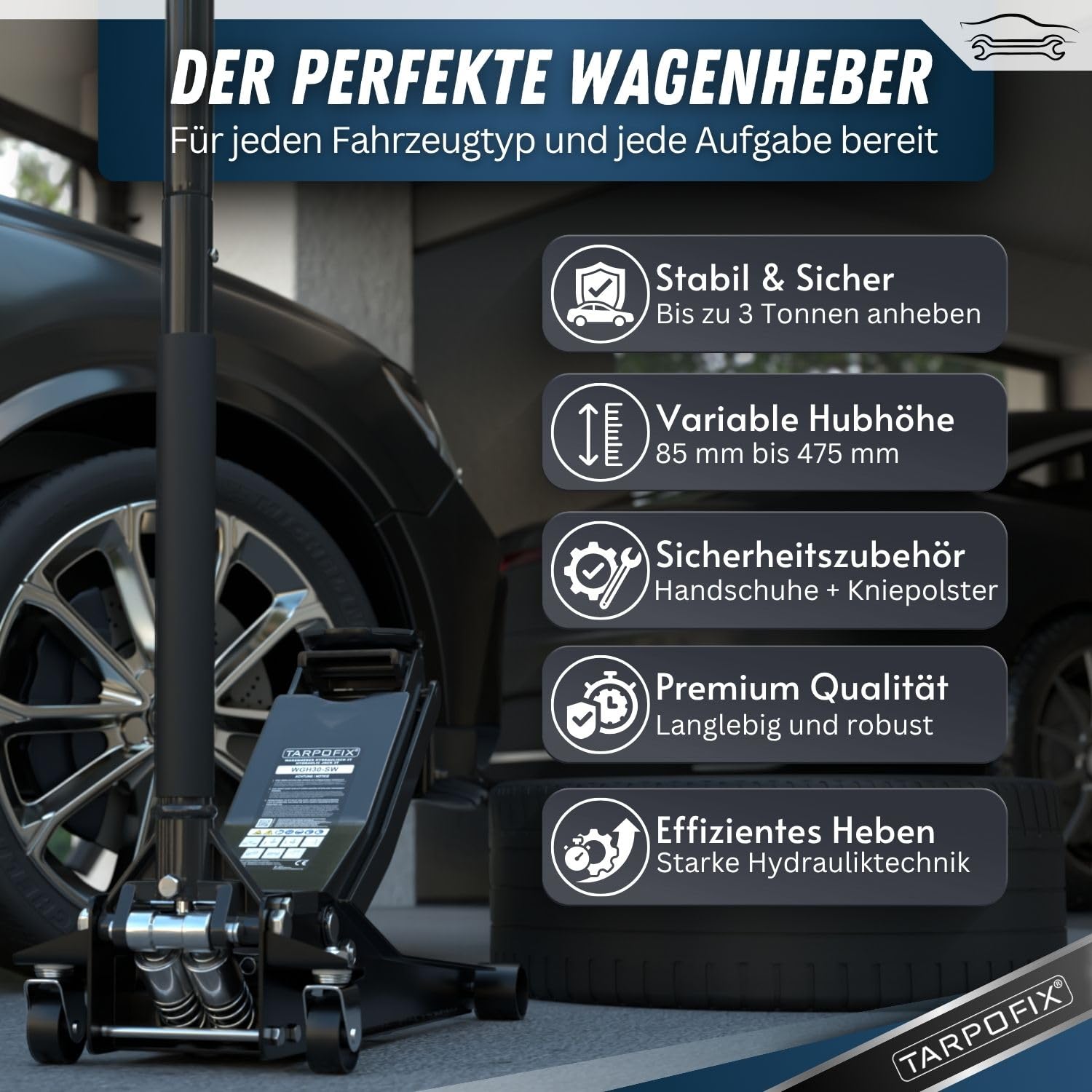 Tarpofix® Wagenheber hydraulisch 3t (85-475mm Hubhöhe) | Premium Rangierwagenheber 3t mit Doppelzylinder | Hydraulischer Wagenheber flach für SUV & tiefergelegte Autos | Hydraulik Rangierwagenheber