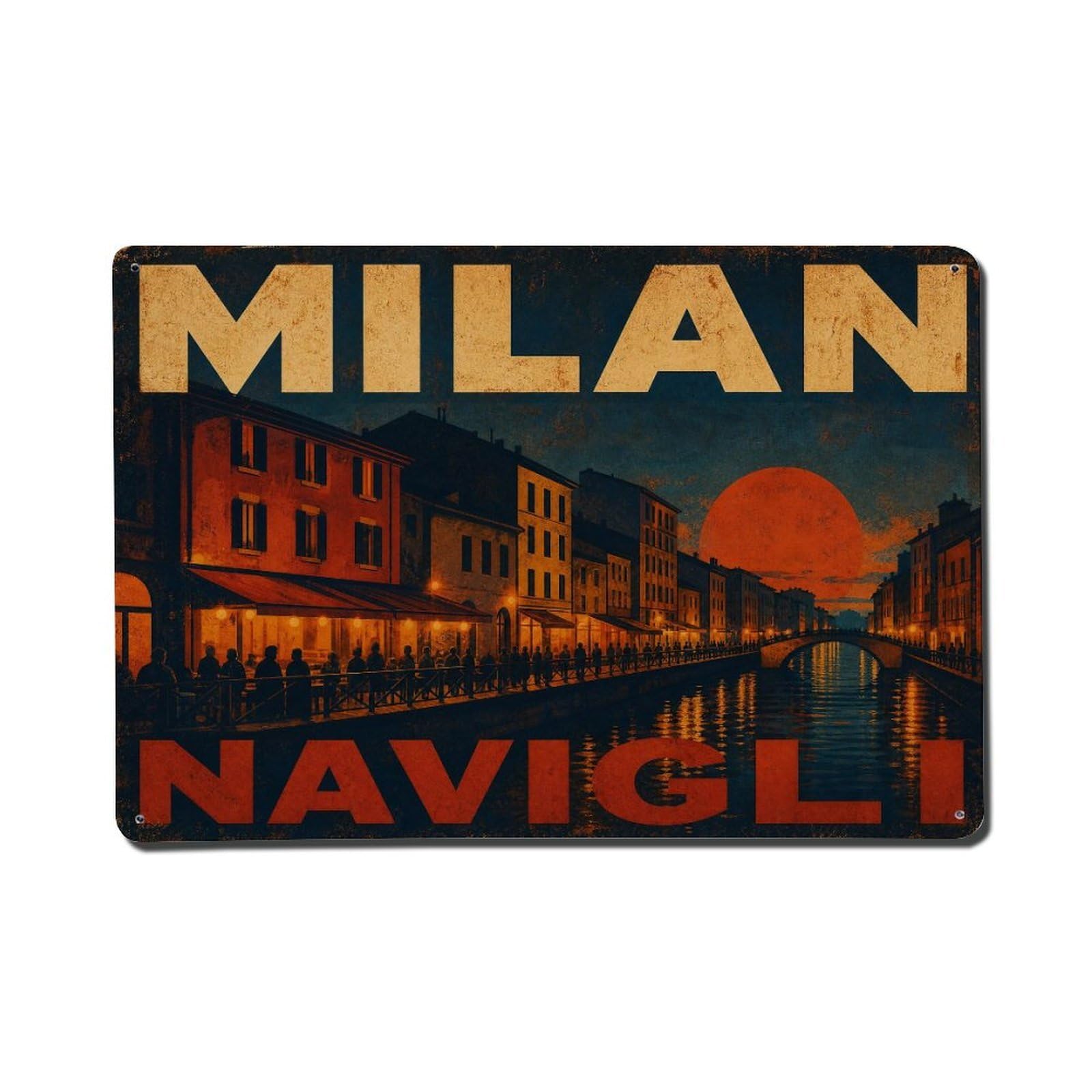 Huiyhb 8X12inch(20X30cm) Vintage Travel Milan Navigli District Evening Lights Italy Metal Tin Sign