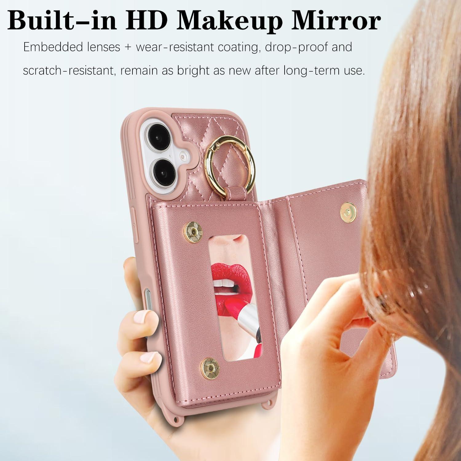 for iPhone 16 Case with Card Holder and Strap for Women,Crossbody Lanyard, Make Up Mirror,Ring Stand,Snap Clasp,Cute Phone Wallet Cases 6.1 inch - Dark Rose Gold - Image 5