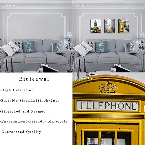 Miniatura 6 de Biuteawal - 3 paneles de arte de pared de ciudad, pares en blanco y negro, torre Eiffel con paraguas amarillo, impresiones fotográficas Londres Big