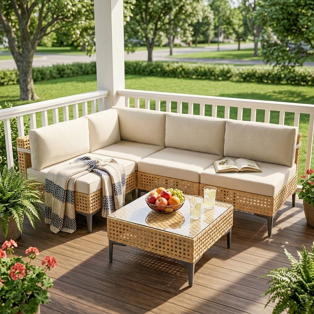 Outdoor Sectional 5 Piece Patio Furniture Set Free Combination Outdoor Couch with Thick Cushion All Weather Wicker Patio Conversation Sets for Backyard, Deck, Poolside