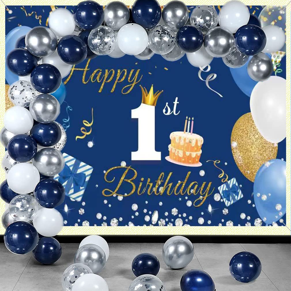 Happy 1st Birthday tło dekoracja baner dla chłopca / dziewczynki szczęśliwy 1 rok stary tkanina znak plakat, niebieskie tło fotograficzne artykuły na pierwsze urodziny, 150 x 90 cm
