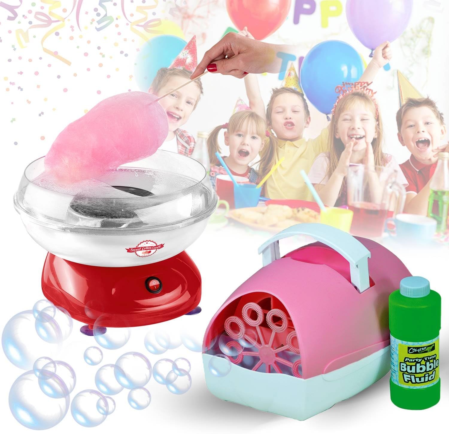 Child Birthday Pack – Blue Bubble Machine + Fluid + Cotton Candy Machine