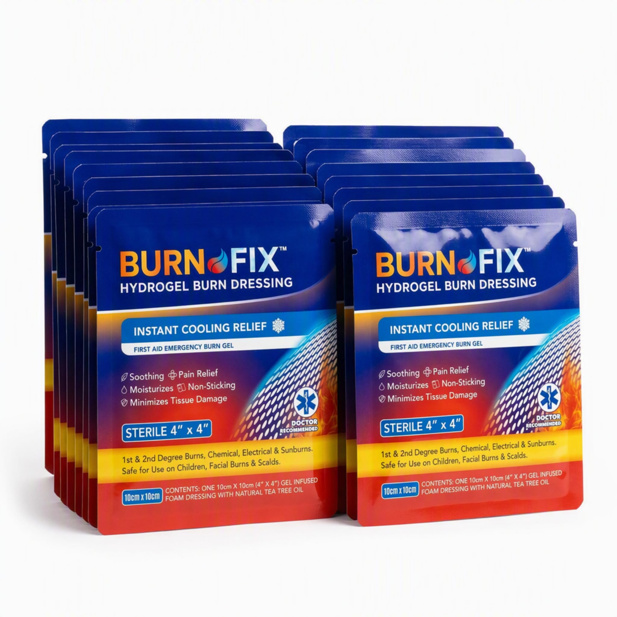 Burn-Fix- 25 Pack-Burn Gel Dressing 4 x 4" Burn Care Cream First Aid Treatment. Immediate Pain Relief Hydrogel Burn Dressing for 1st, 2nd Degree Burns, Razor & Sunburns for Home, Work, Fire, EMS