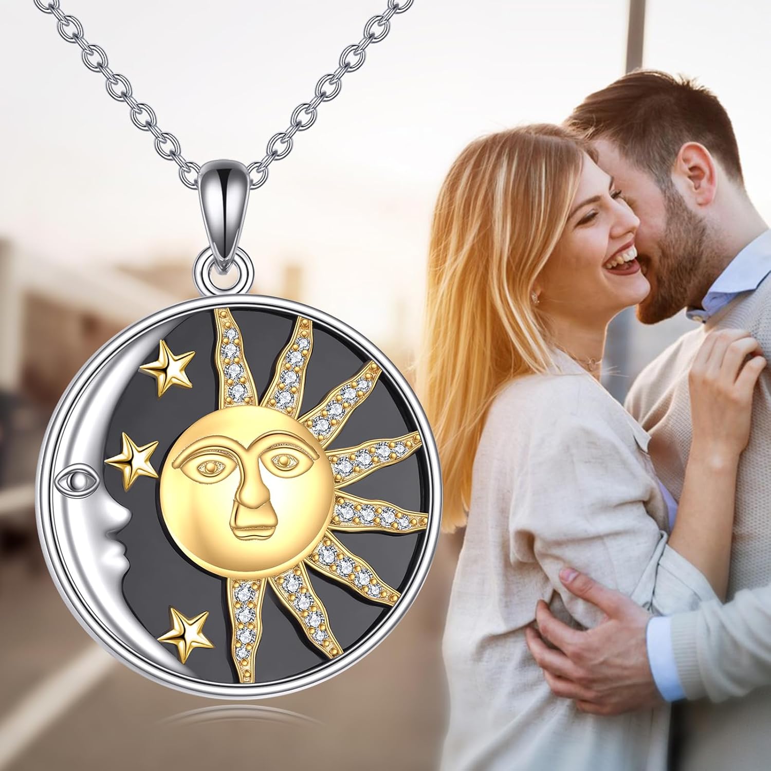 Sun and Moon Necklace Sterling Silver Black Agate Sun Moon Star Pendant Couples Jewelry Gifts for Women - Image 6