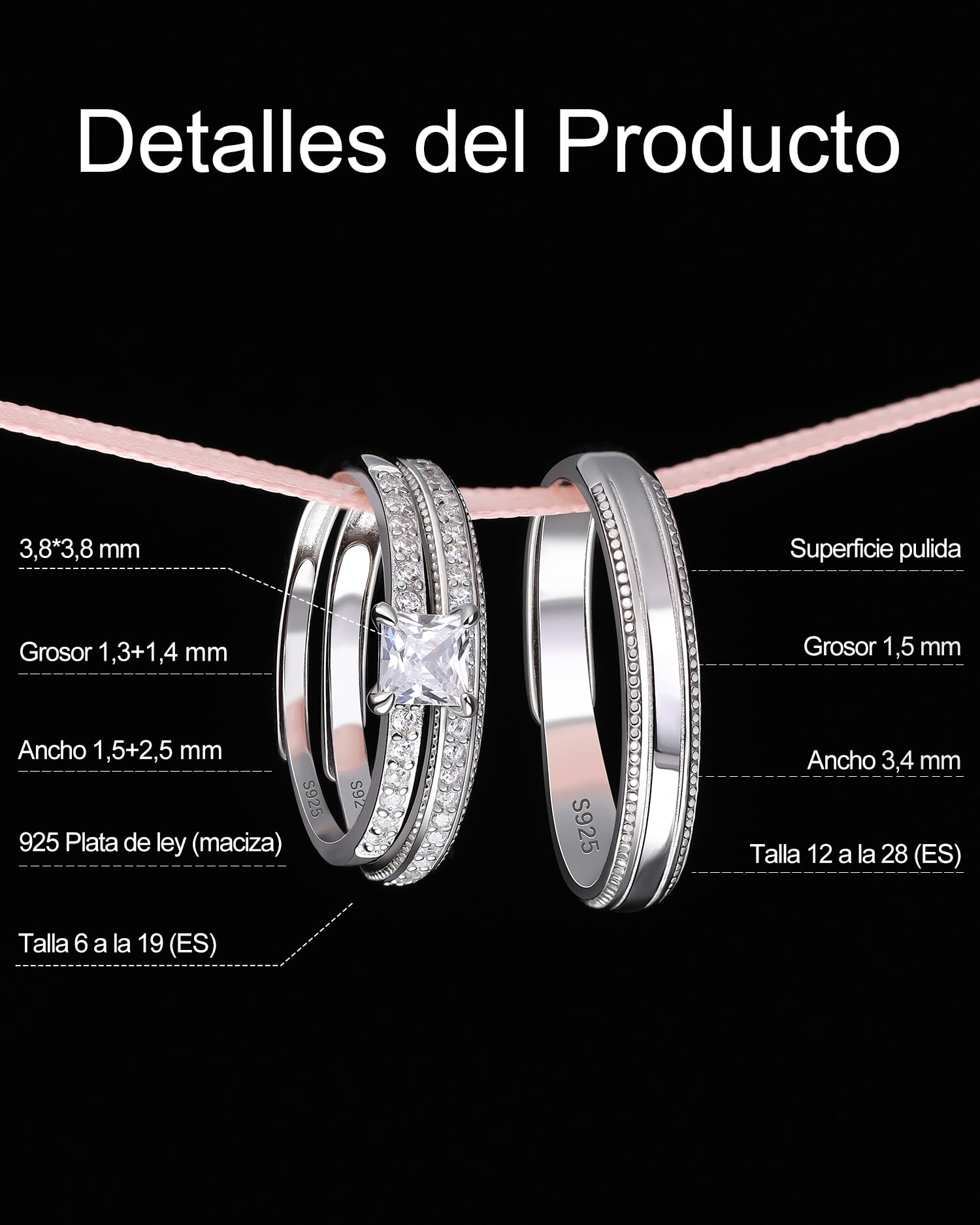 Meissa Set de 3 Anillos de Compromiso Alianzas de Plata Pareja de Ley 925 Zircón Corte Princesa Anillos Ajustables para Pareja Anchos