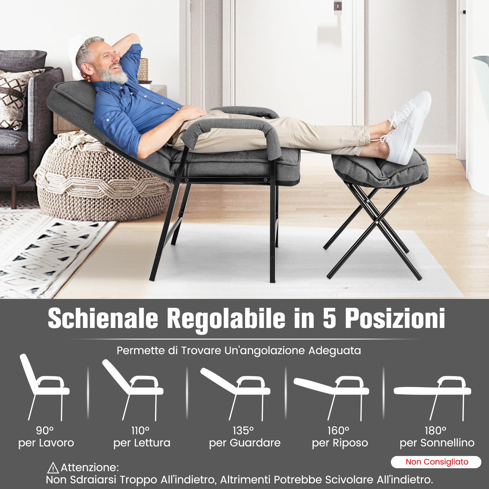COSTWAY Poltrona Imbottita con Pouf Poggiapiedi Pieghevole, Schienale Alto Reclinabile a 5 Posizioni, Poltroncina Sedia Sdraio in Lino, Poltrona Moderna con Braccioli da Soggiorno Ufficio (grigio)