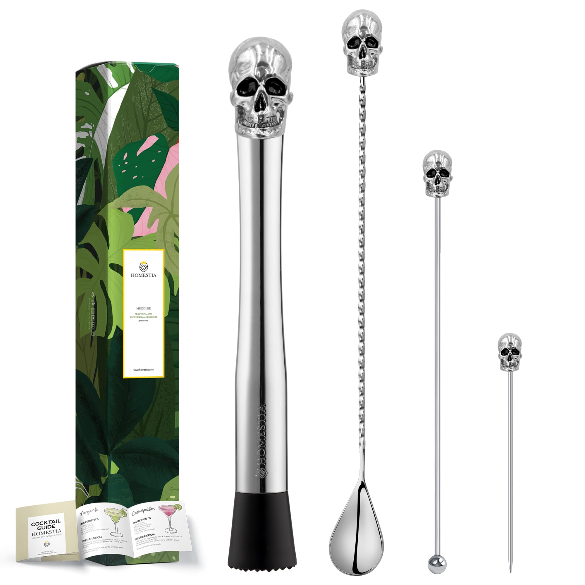 Homestia 4PCS Skull Muddler Set, 10 Inch 304 Stainless Steel Cocktail Muddler for Mojito and Fruit Drinks, Home Bar Tool Set of Bar Spoon Swizzle Stick Cocktail Pick Silver