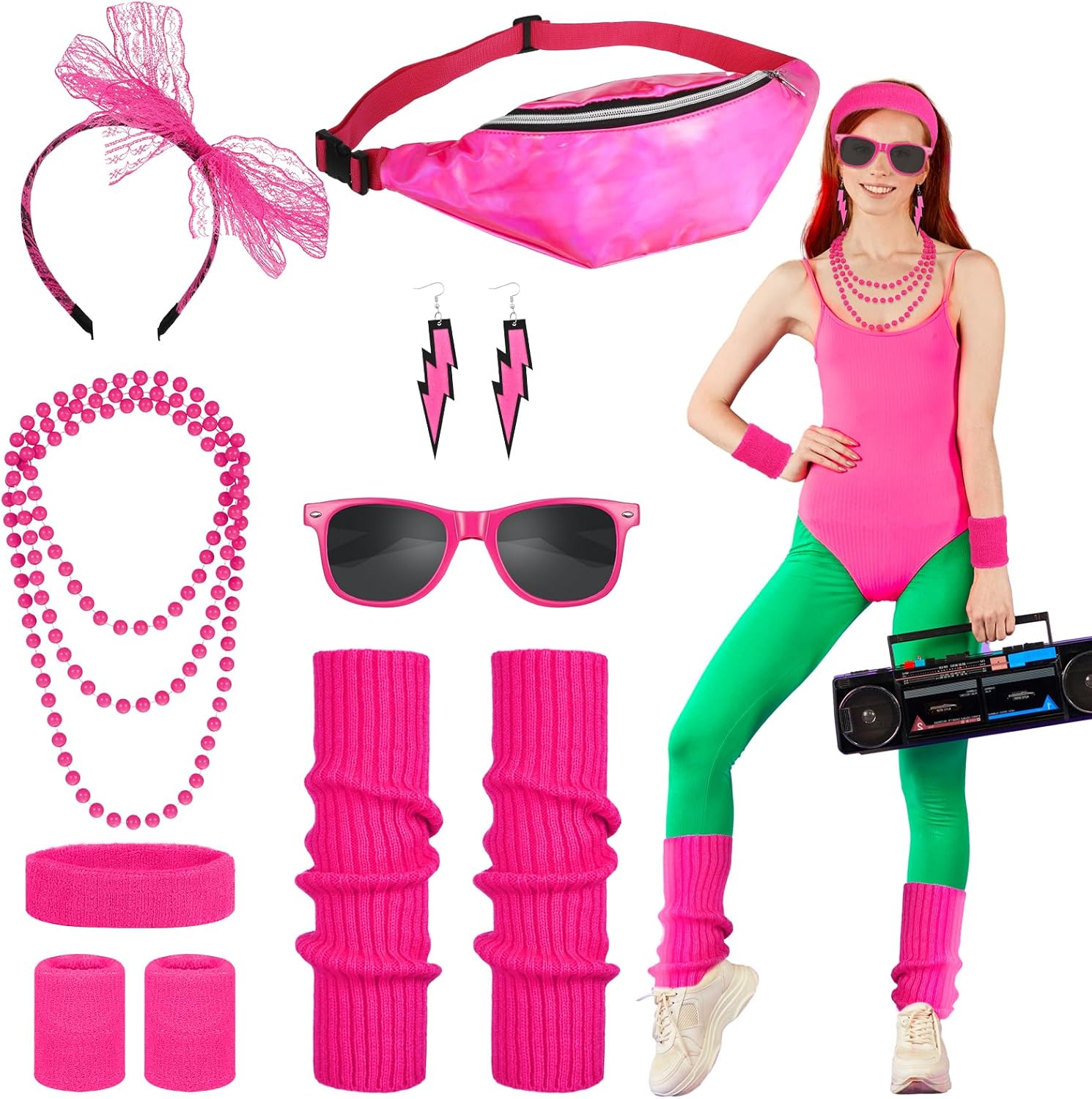 Fuguan 11Pcs Women's 80's Costumes with Accessories Set Neon Leg Warmers Headband Holographic