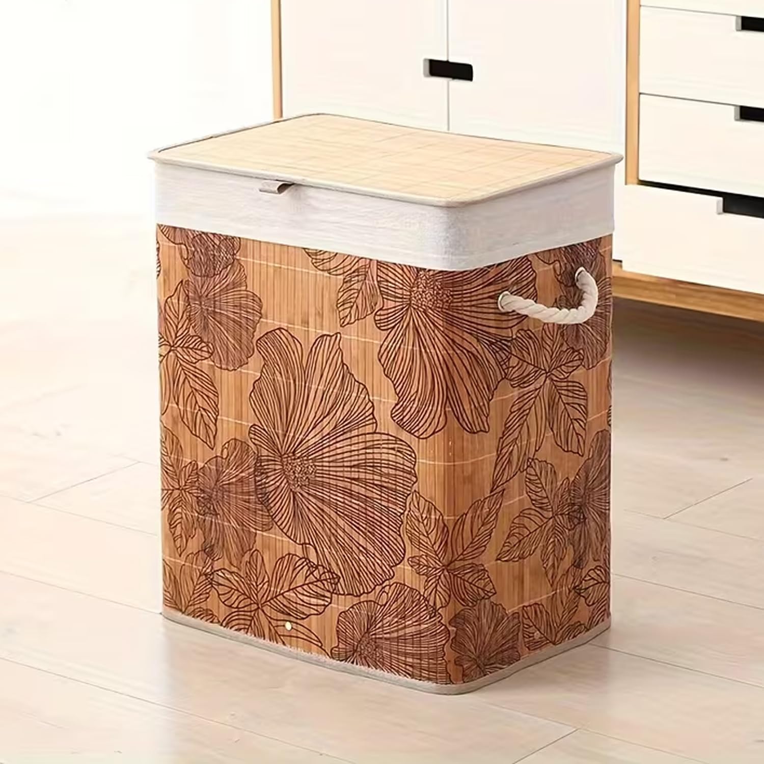 Kura by Ekhasa Floral Laundry Basket with Lid 60L, Bamboo Laundry Basket for Clothes, Foldable Laundry Hamper Basket with Removable Laundry Bag for Bedroom Bathroom Clothes Storage discount deal
