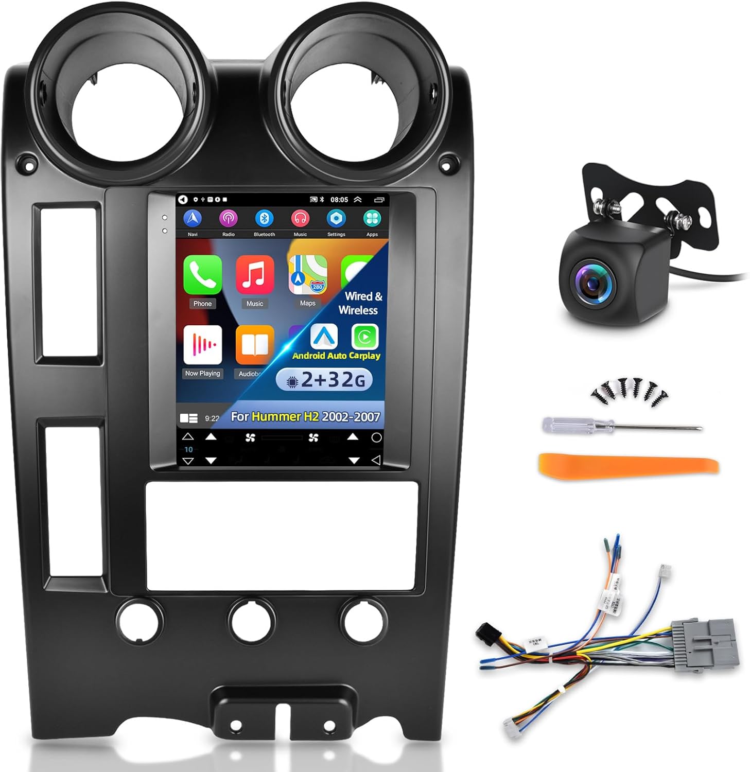 2+32GB Android Car Radio for Hummer H2 2002-2007 with Wireless Apple Carplay and Android Auto, 9.7 Inch Car Stereo with AHD Backup Camera, GPS Navigation, Bluetooth, WiFi, HiFi, FM Radio