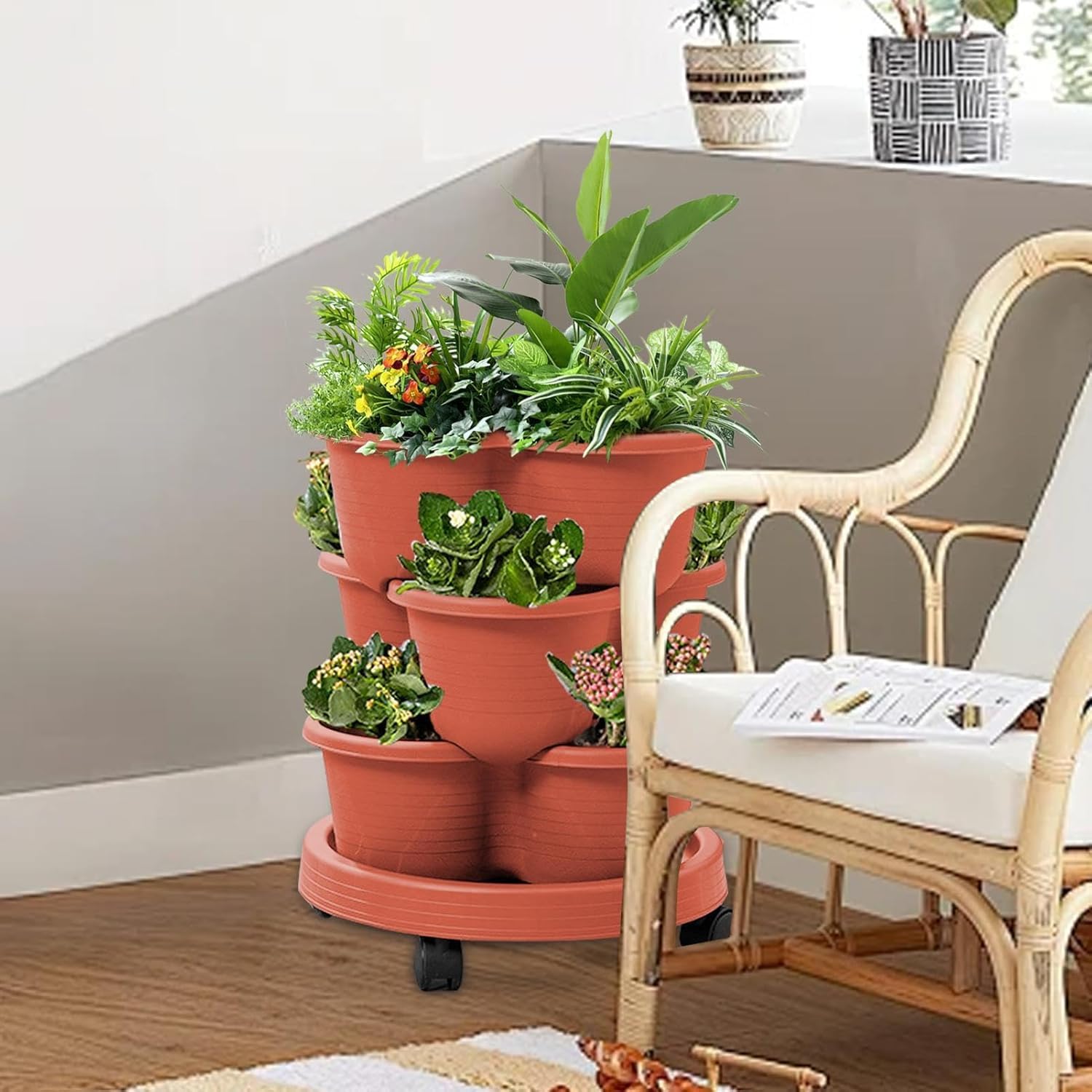 Confezione da 3 vasi impilabili per fragole, in terracotta durevole e resistenti alle intemperie, contenitori verticali da giardino per erbe e fiori, perfetti per uso interno ed esterno