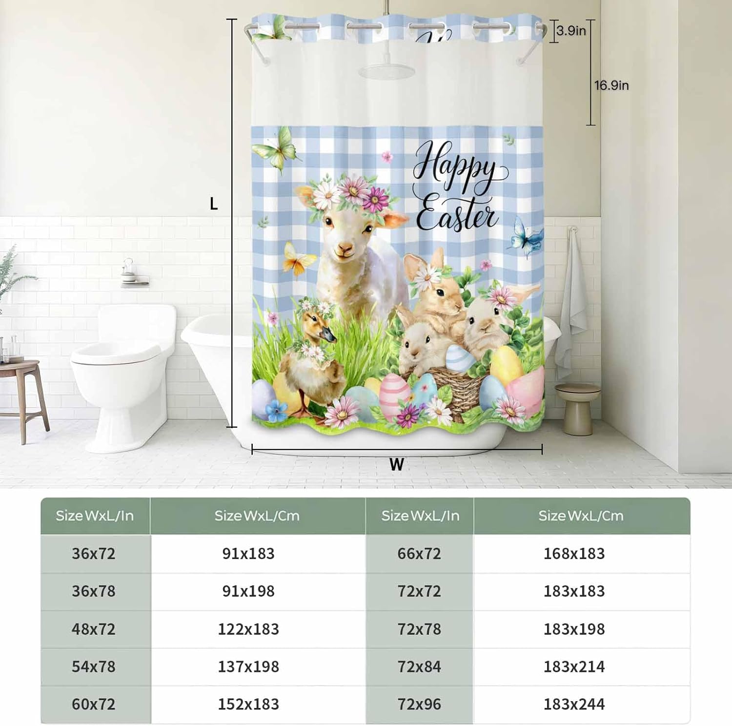 No Hook Shower Curtain and Snap in Liner Set, Easter Fabric Bathroom Shower Curtains 66x72 Inch, See Through Mesh Top Window, Spring Bunny Sheep Floral Eggs Botanical Blue Check Hotel Style