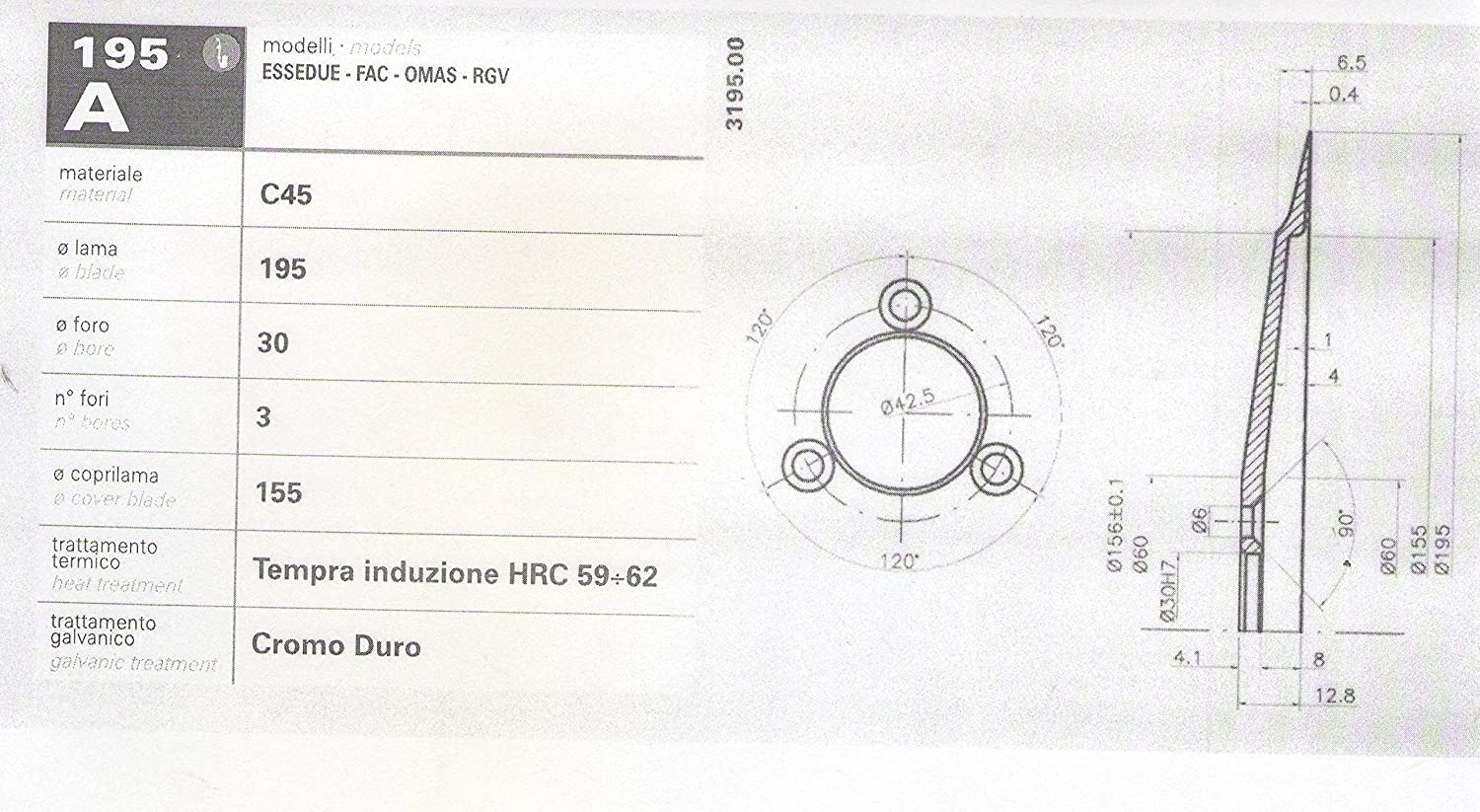 Lama per affettatrice diametro 195 - Foro 30- Viti 3 - diametro interno 155 Acciaio C45 Made in Italy