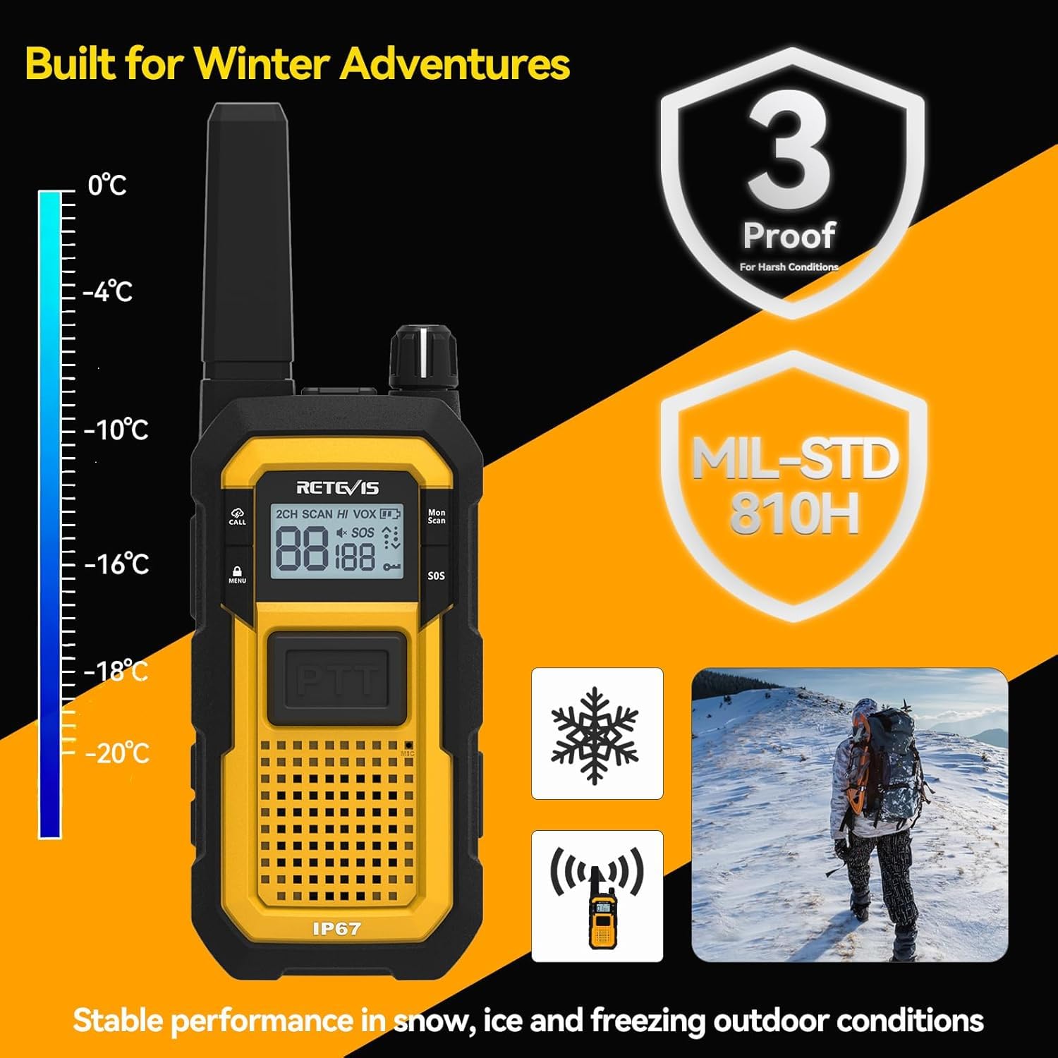Retevis RB648 Talkie Walkie, Imperméable Radio Bidirectionnelle Longue Portée IP67, Anti-Chute, Anti-poussière, PMR446, Double PTT, 2000mAh, Talkies-Walkies pour Agriculture (2 Pièces, Jaune)