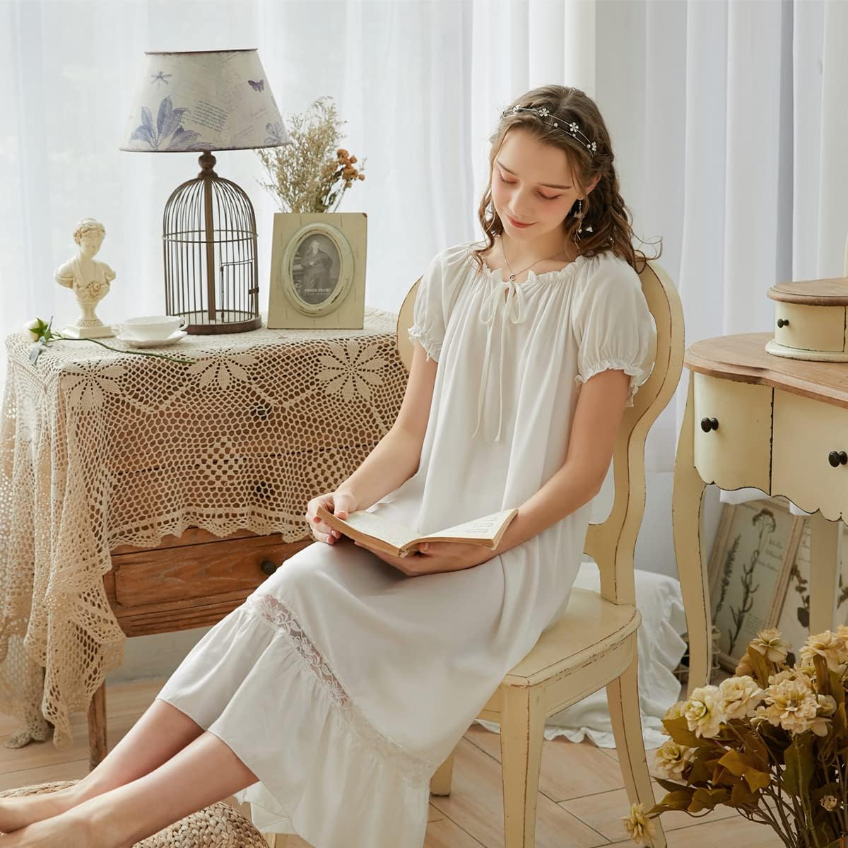 LAPAYA Women's Victorian Cotton Nightgown Lace Trim Vintage Sleepwear Long Sleeve Sleepshirts - Image 3