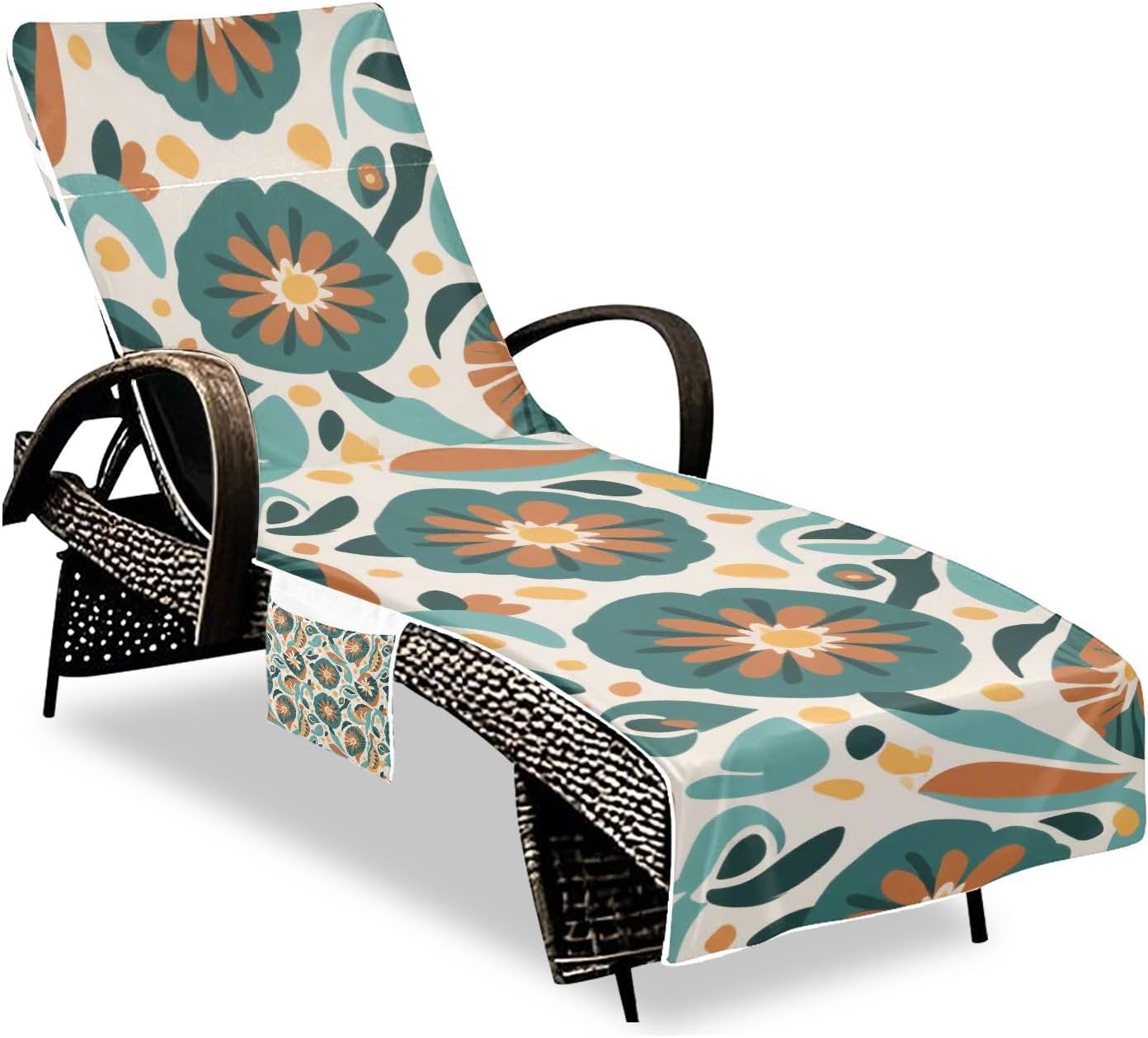 Orange-green Japanese Zephyr Cherry Blossoms Patio Lounge Chair Cover Soft Absorbent Outdoor Chaise Lounge Cover with Windproof Straps for Outdoor Pool Beach Sunbathing, 85" X 30"