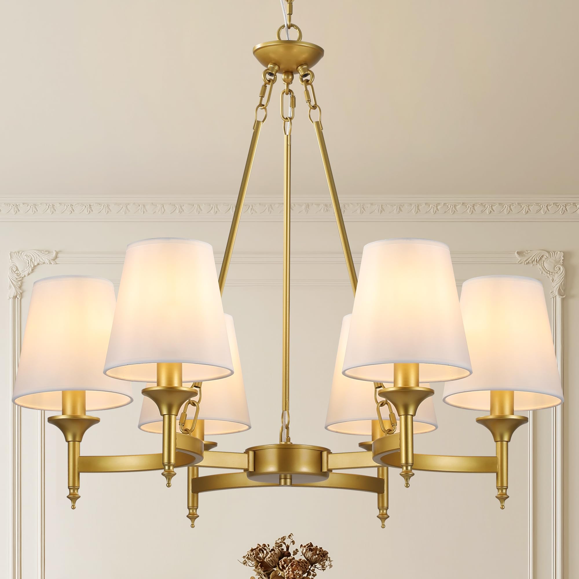 Gold Modern Farmhouse Chandelier 27 2 6-Light Round Pendant Light with White Fabric Shades Adjustable Hanging Fixture for