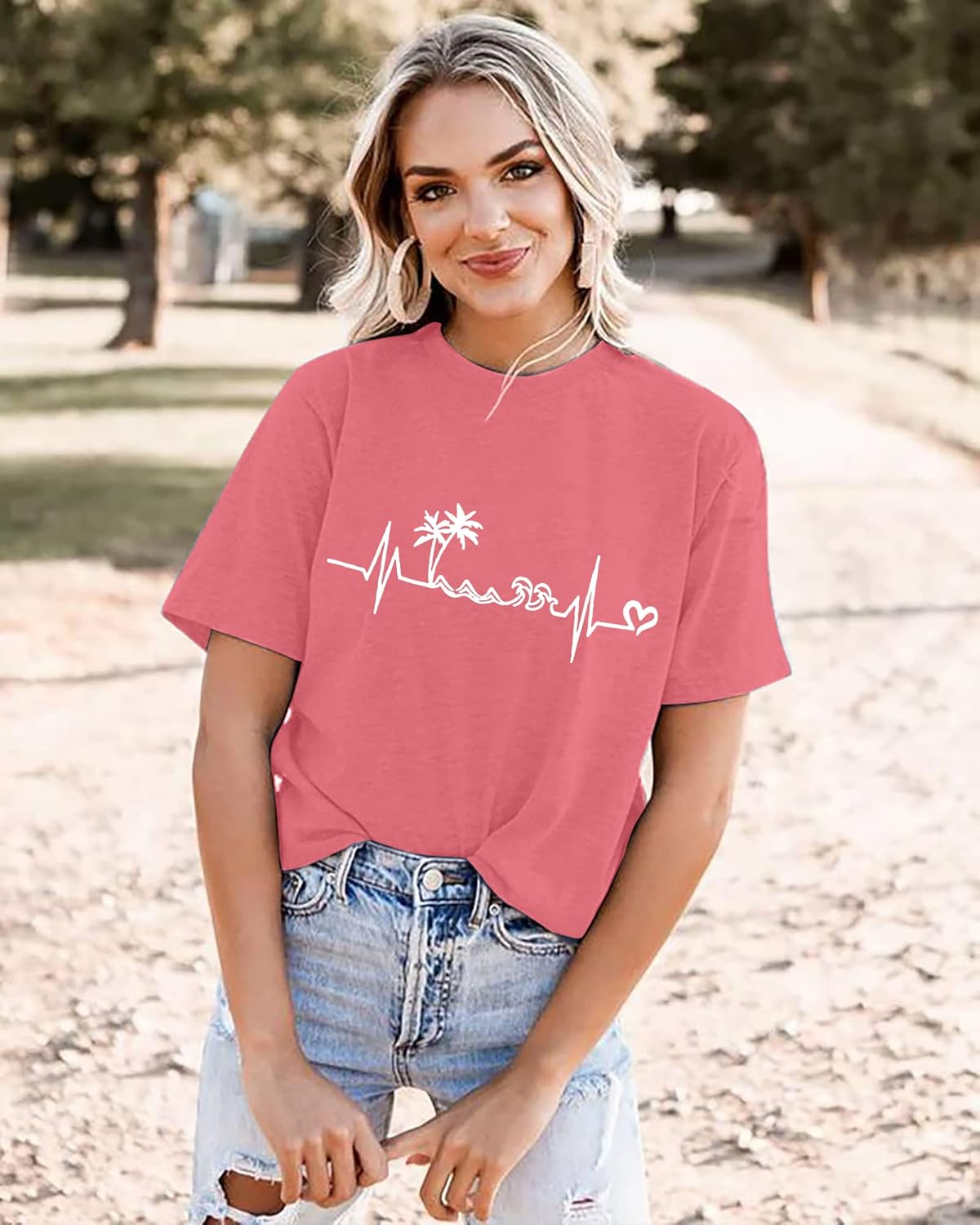 Sun Salt Sand Beach Tshirt for Women Summer Coconut Tree Graphic Casual Short Sleeve Loose Fit Tee Blouses - Image 3