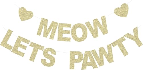 Pancarta de Meow Let's Pawty  Telones de fondo para fiesta de cumpleaños de gatitos  Pet Cats Party Gold Glitter Paper Photoprops