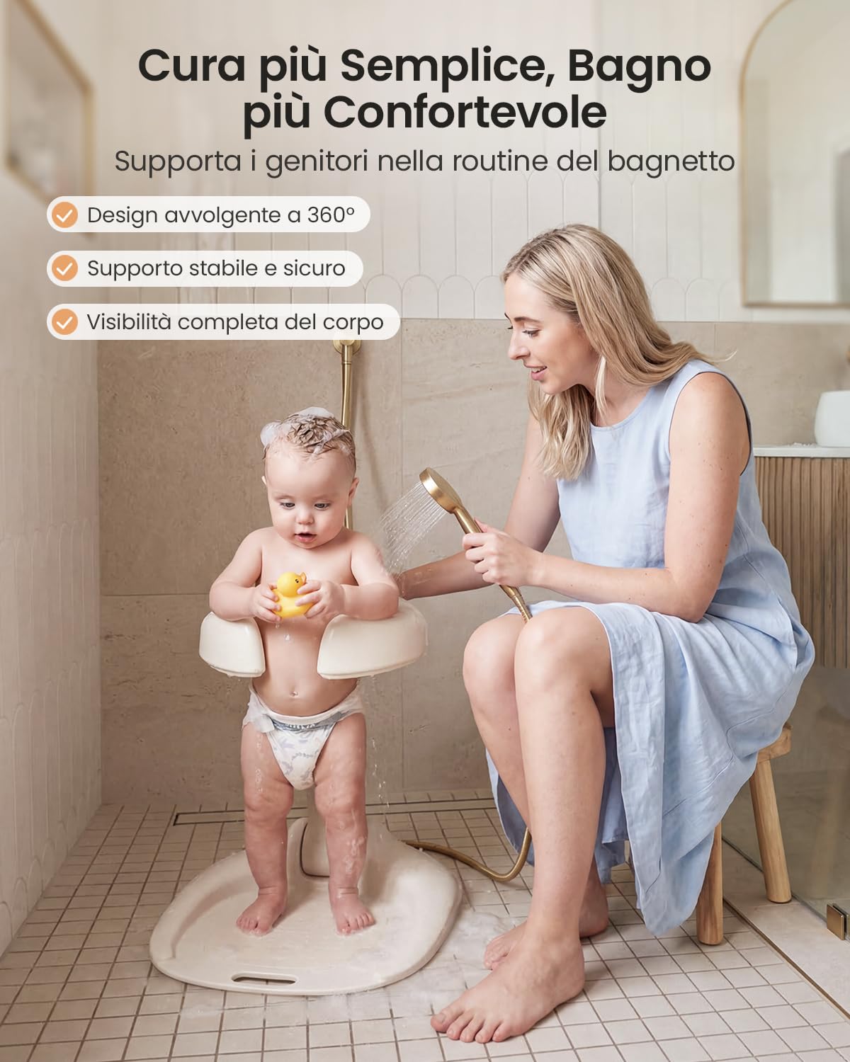 Grownsy Supporto Doccia Bambini in Piedi, dai 6 mesi in su, Supporto per Doccia Bambini Regolabile e Pieghevole con Base Antiscivolo