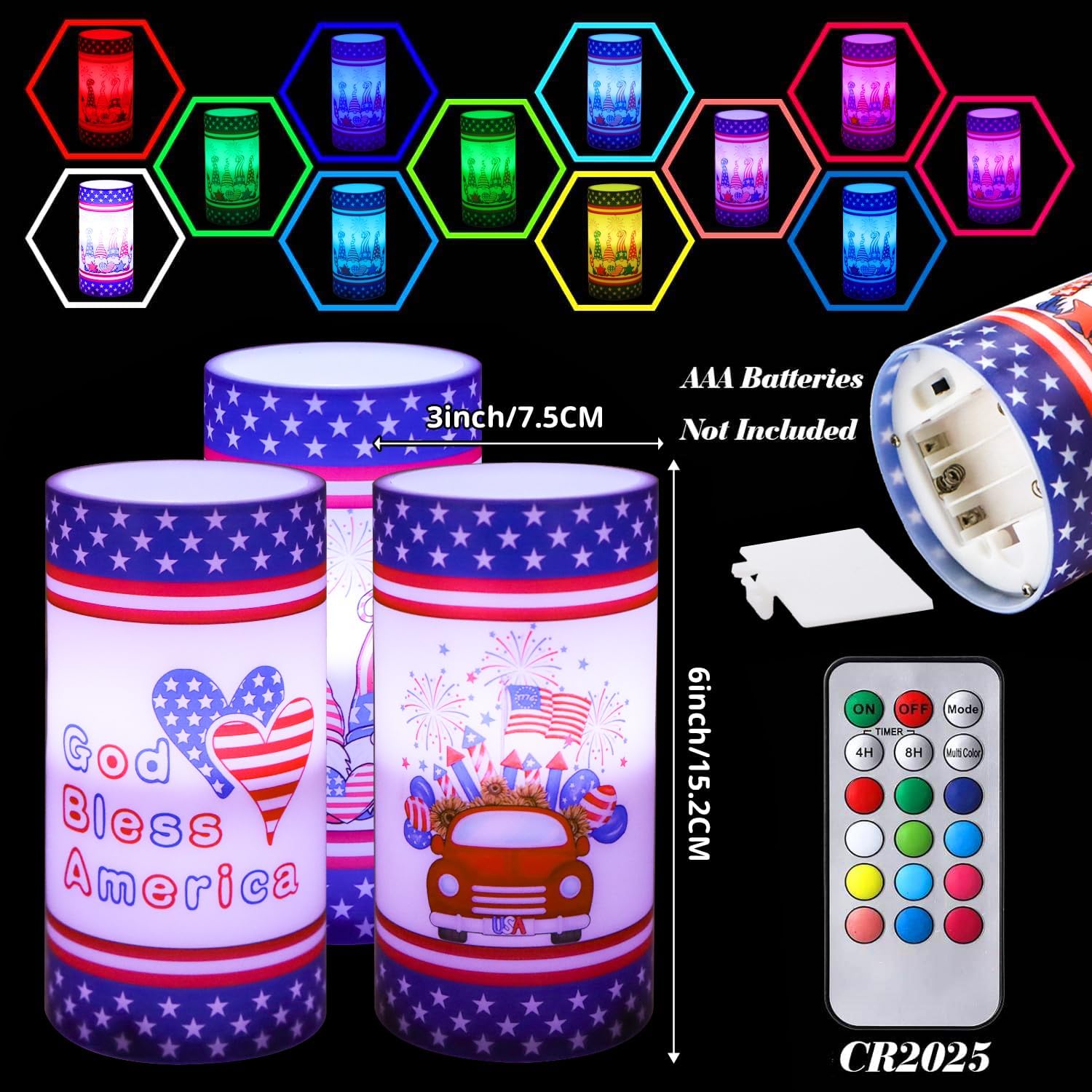 Patriotic American Flag LED Pillar Candles 3Pcs 4th of July Flameless Color Change Candles Lights Battery Operated with Remote Timer for Independence Day Festival Table Decorations, Blue