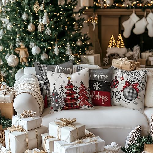 Miniatura 10 de Juego de 4 fundas de almohada de Navidad de 18 x 18 pulgadas, diseño de árboles de Navidad, feliz y brillante, feliz día festivo, fundas de cojín