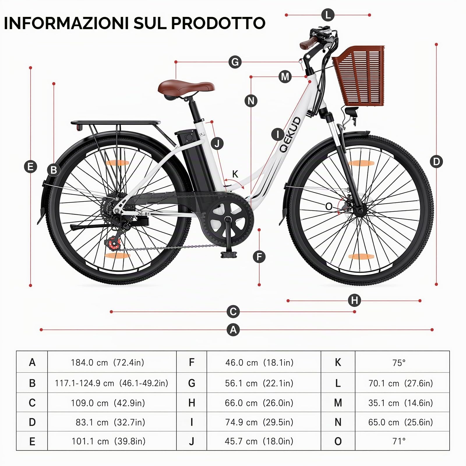 E-bike per donne e uomini, bicicletta elettrica da 26 pollici con cestino, citybike, bicicletta da trekking con batteria da 36 V 13 Ah, bianco