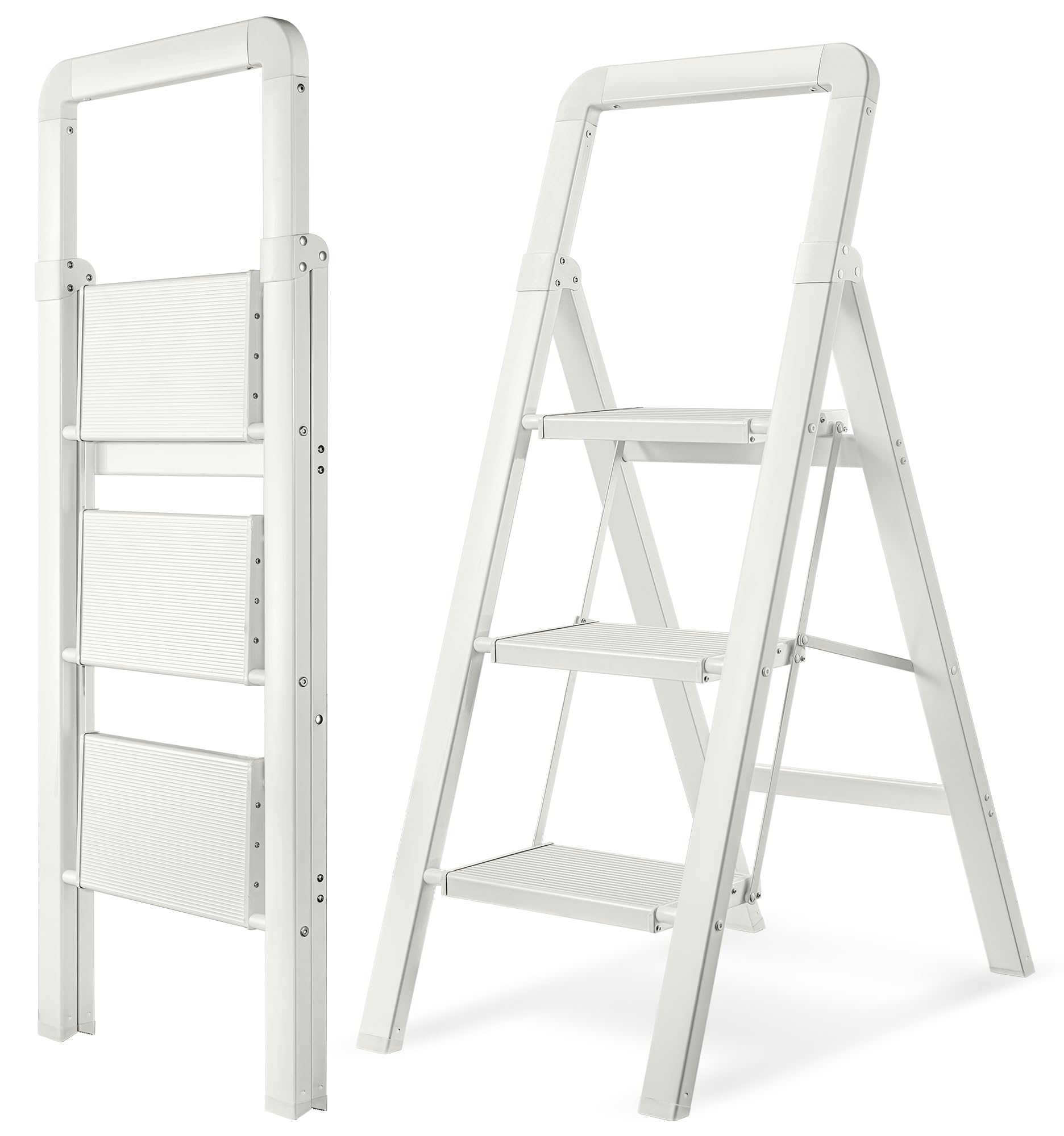 BIBKOKE Step Ladder 3-Step White Finish Aluminum Folding Ladders