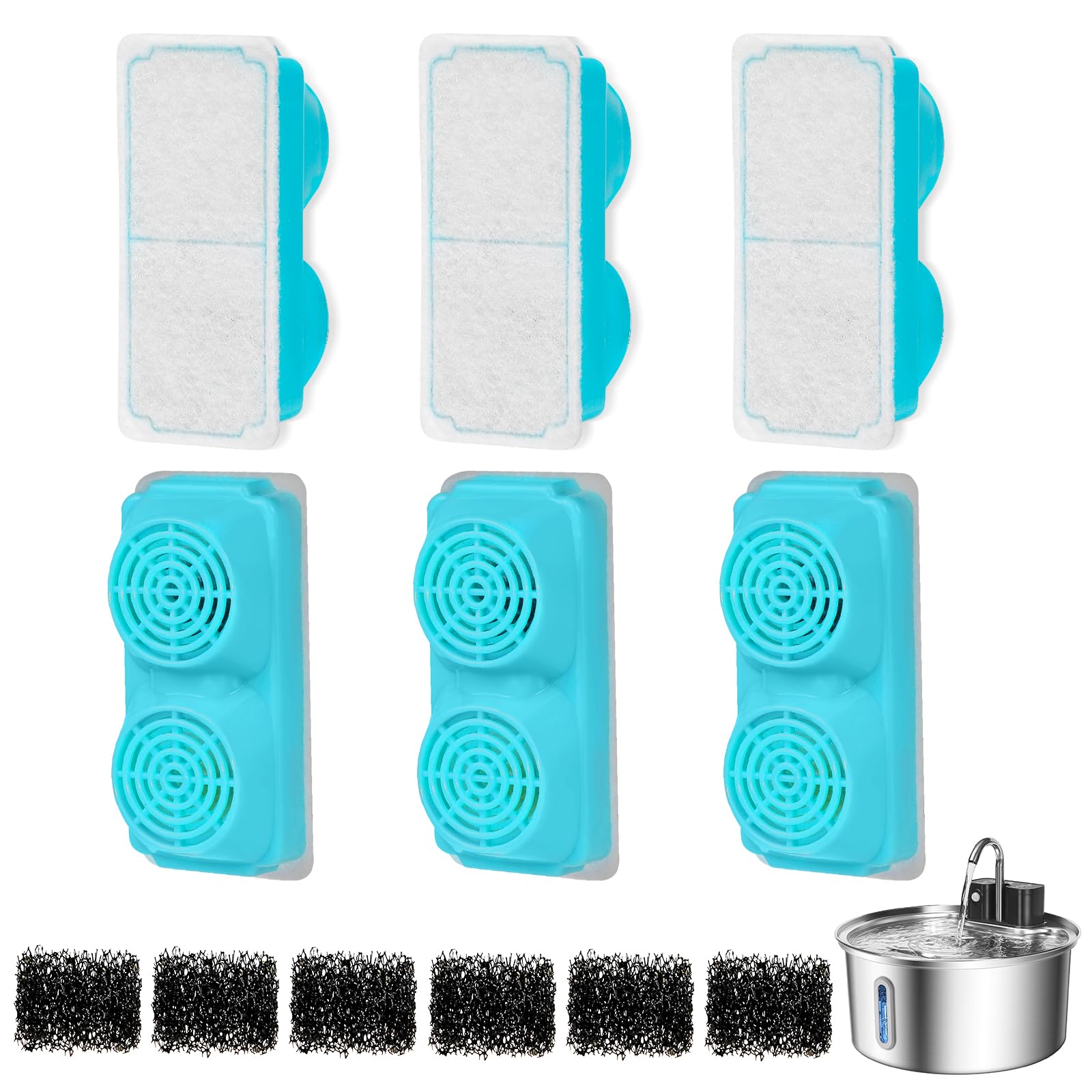 Filtri Fontana per Gatti, 12 Filtri per Fontana di Gatti, 6 Filtri di Rricambio e 6 Spugne compatibili con VinDox 3,2 l, Fontana per Gatti in Acciaio Inox Senza Fili