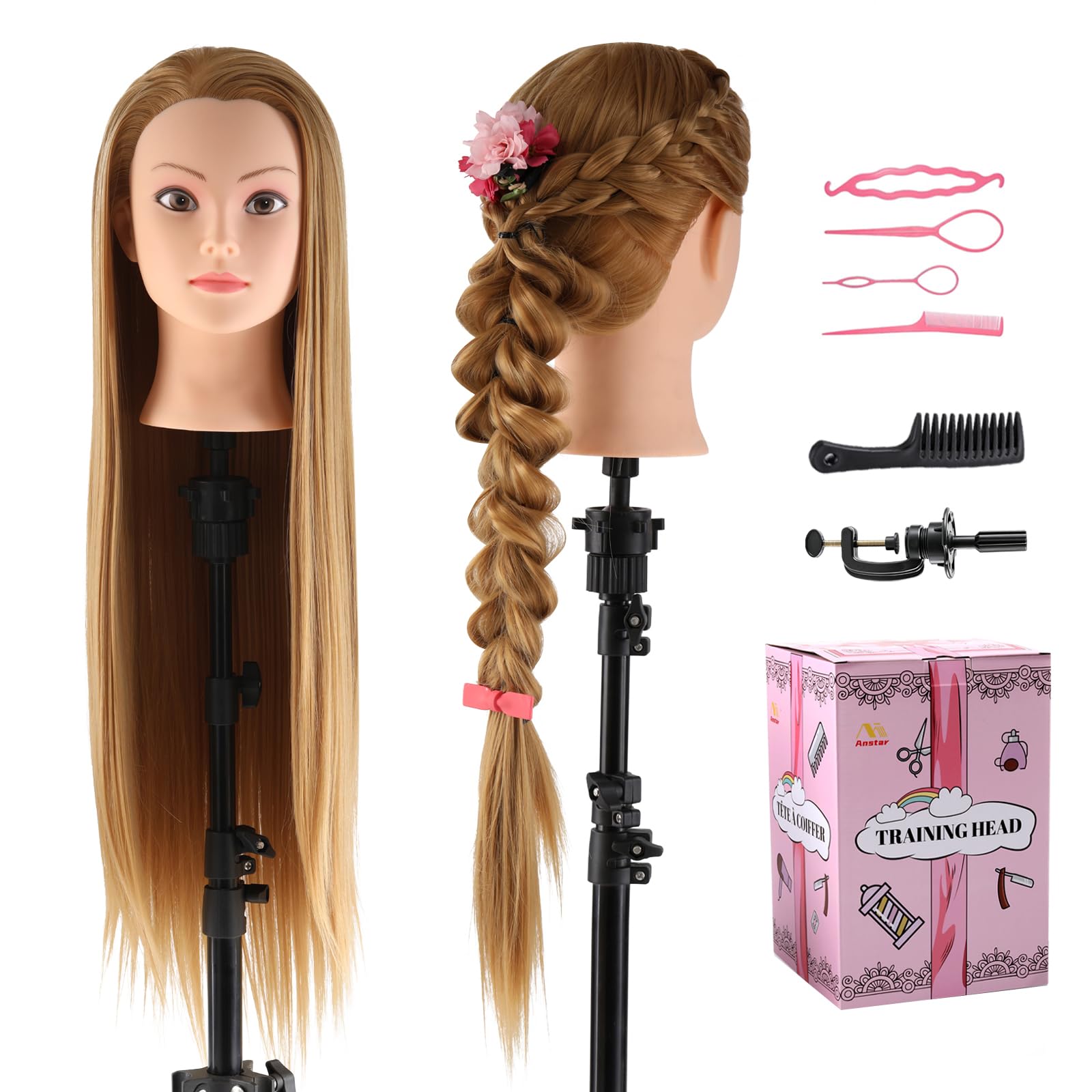 Cabeza maniquí Cabeza Peluqueria 100% de cabello sintéticas Cabeza Practica Peluqueria cabeza de muñeca con Soporte de Mesa + Accesorios de Peinado