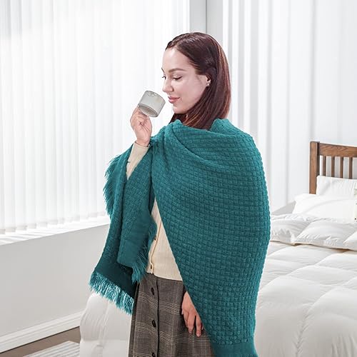 Miniatura 3 de CozeCube Manta bohemia para sofá, manta de otoño, manta de gofre, manta ligera de granja con flecos, verde azulado, 50 x 60 pulgadas