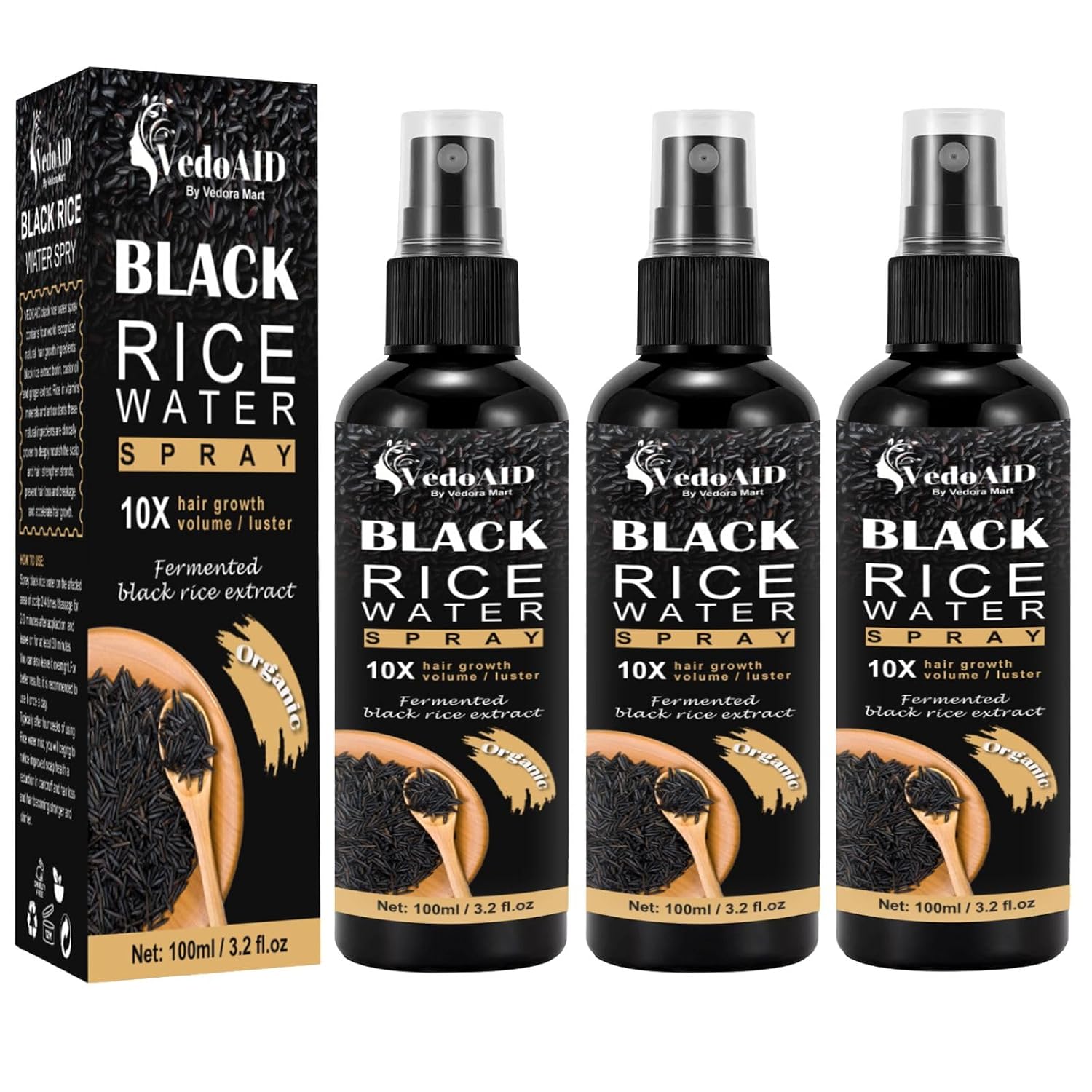 Black Rice Water Spray for Hair Growth – Organic Hair Serum with Castor Oil & Ginger Root – Strengthens, Thickens & Repairs Hair – Hair Loss Treatment for Women & Men – 100ml/3.2 fl.oz (3pc)