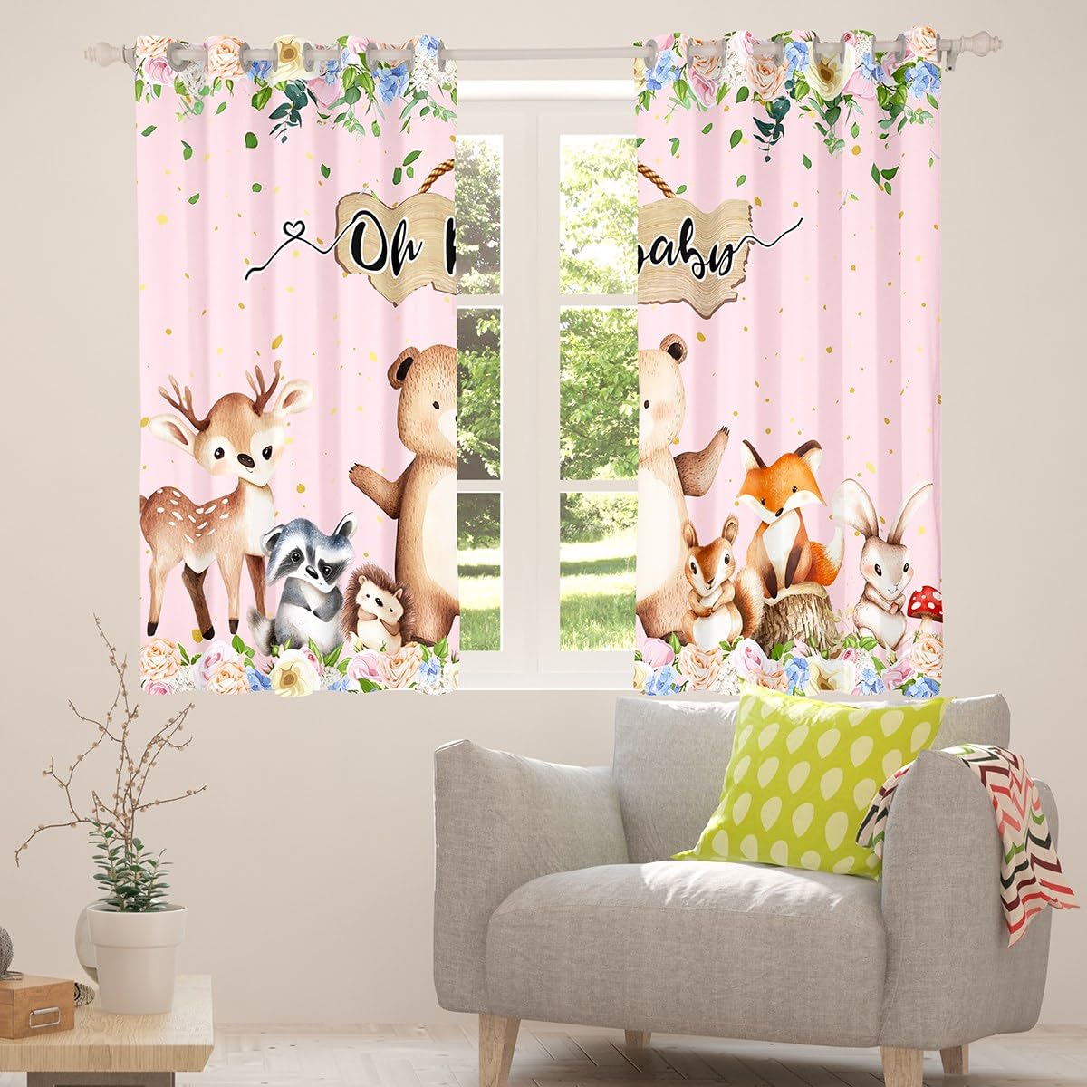 Homewish Tier Thema Fenster Vorhänge 2 Panels 140Bx260L Safari Wildlife Verdunkelungsvorhänge für Kinder Jungen Mädchen Natur Cartoon Bär Raccoon Hedgehog Hirsch Fuchs Eichhörnchen Rosa Vorhänge