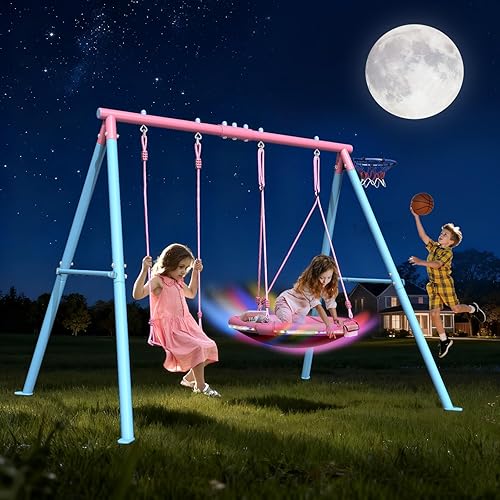 Miniatura 2 de Juego de columpio de metal resistente 3 en 1 para patio trasero, capacidad de 440 libras, juego al aire libre con columpio de platillo de 32 Rosa y