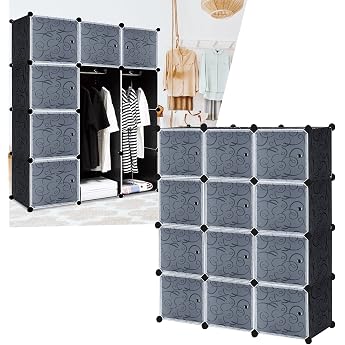 HENGMEI Wardrobe Wardrobe Shelf System with Doors PP Plastic Storage of Clothes Books DIY Mounting Shelving Unit 12 Boxes with Door Black