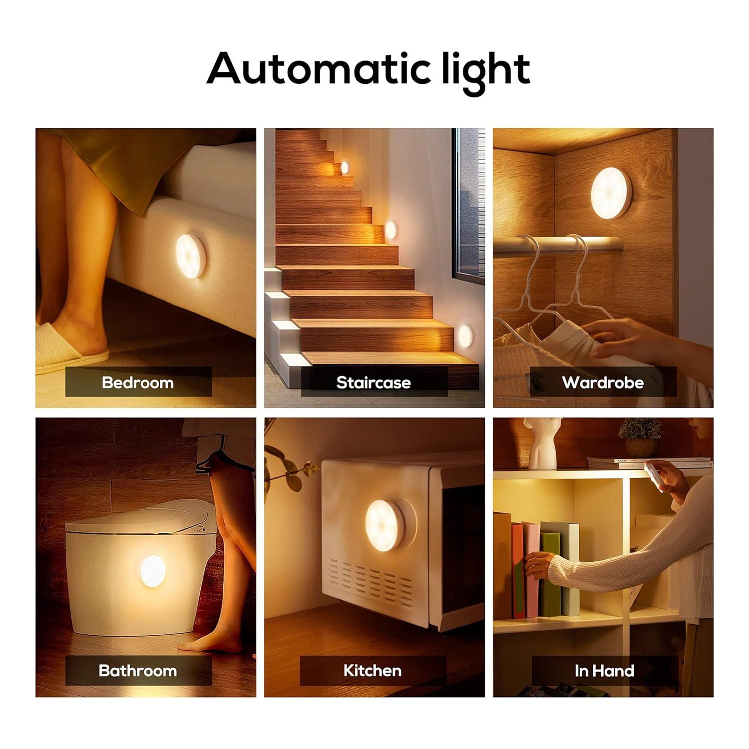 Luces con sensor de movimiento para armario, funciona con pilas, para cocina, dormitorio, escaleras, pasillo, pared (paquete de 6)