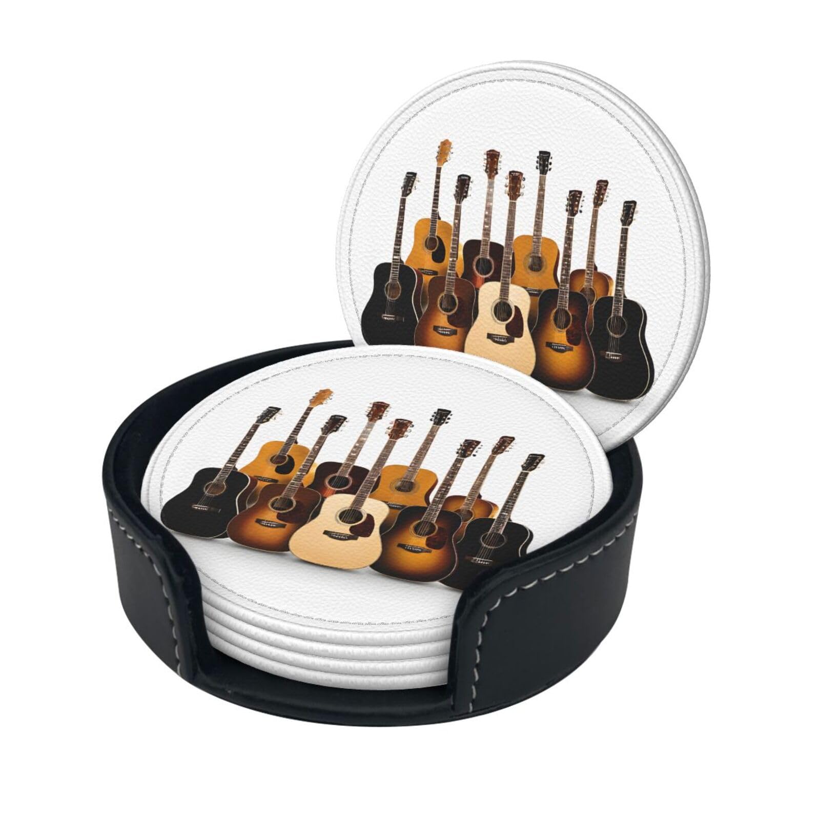 Guitar Print Coaster,Round Leather Coasters with Storage Box for Wine Mugs,Cold Drinks and Cups Tabletop Protection (6 Piece)