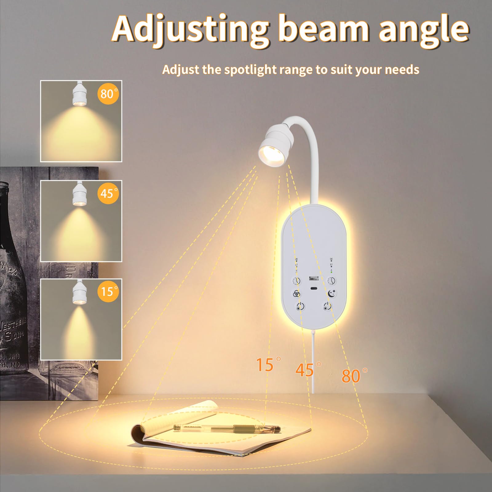 LED Wandmontierte Leselampe für das Bett, Buchlicht zum Lesen mit Touch-Steuerung, stufenlos dimmbar, flexibles Schwanenhals Bettlicht mit USB C+A, Nachtlicht & Timer-Funktion (Weiß)