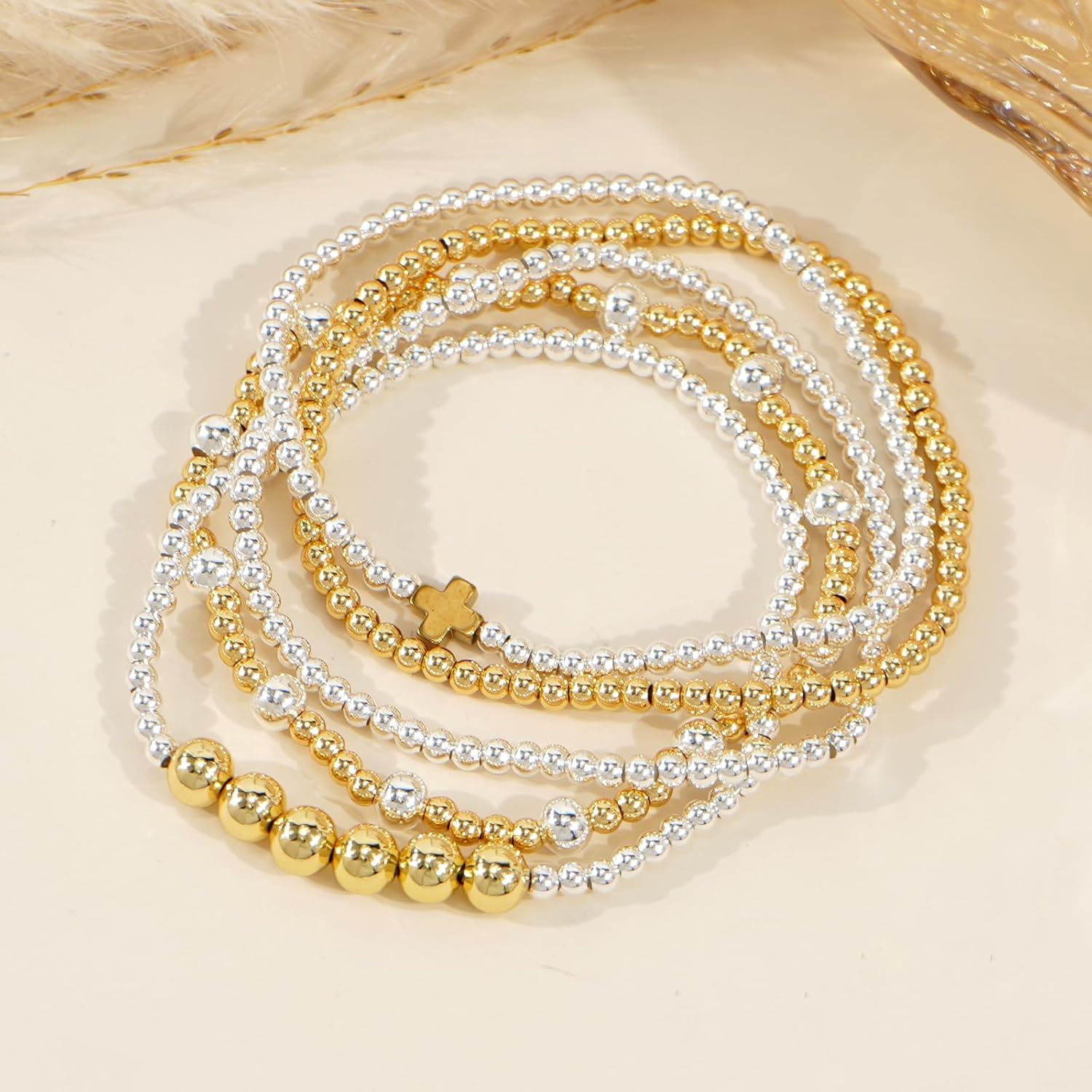 Silver Gold Beaded Bracelets for Women Stackable 14K Gold Plated Beads Ball Cross Bracelet Stack Non Tarnish Elastic Stretch Trendy Jewelry Christian Friendship Christmas Gifts for Women - Image 5