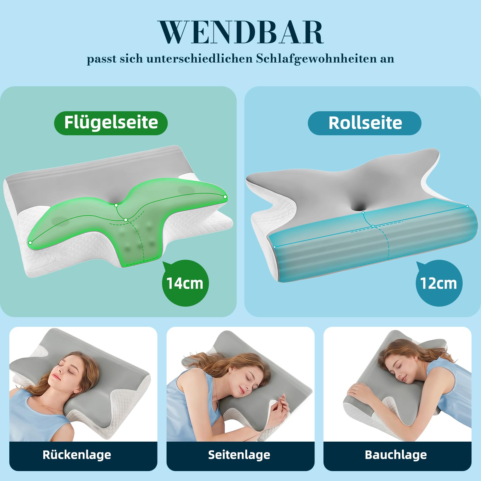 Ergonomisches Nackenstützkissen, Memory Foam, Mittelgrau