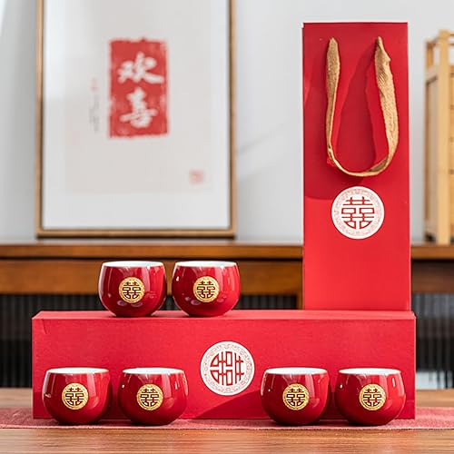 Juego de té chino de Kung Fu de 6, juego de té de boda rojo de porcelana de doble felicidad, suministros de decoración de boda tradicionales chinos,