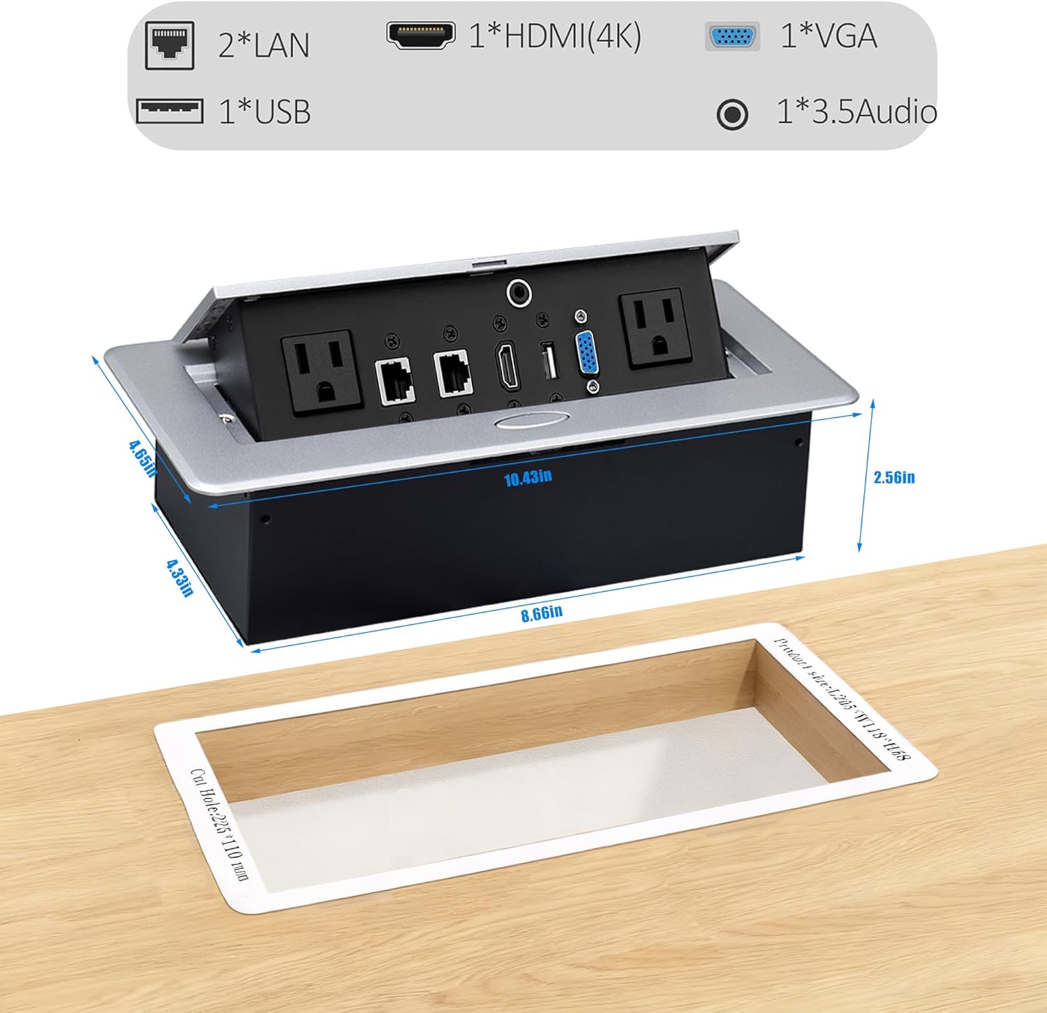 Table Pop up Power Strip Date Hub Connection Box with Outlet Network HDMI for Office Desk（Silver）