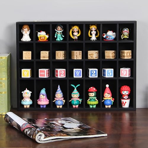 Miniatura 2 de ARRAWIS Vitrina de cristal de chupito negro de 18 x 13 pulgadas colección de armario de madera maciza montada en la pared 28 ranuras estante pequeño