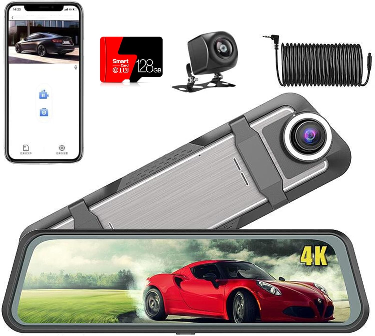 10" 4K Mirror Dash Cam Rear View Mirror Camera, Full HD Car Camera - WiFi Dash Cam Front and Rear for Cars & Trucks with Night Vision, Parking Assistance, G-Sensor, Included 128G Card & GPS (10 inch)