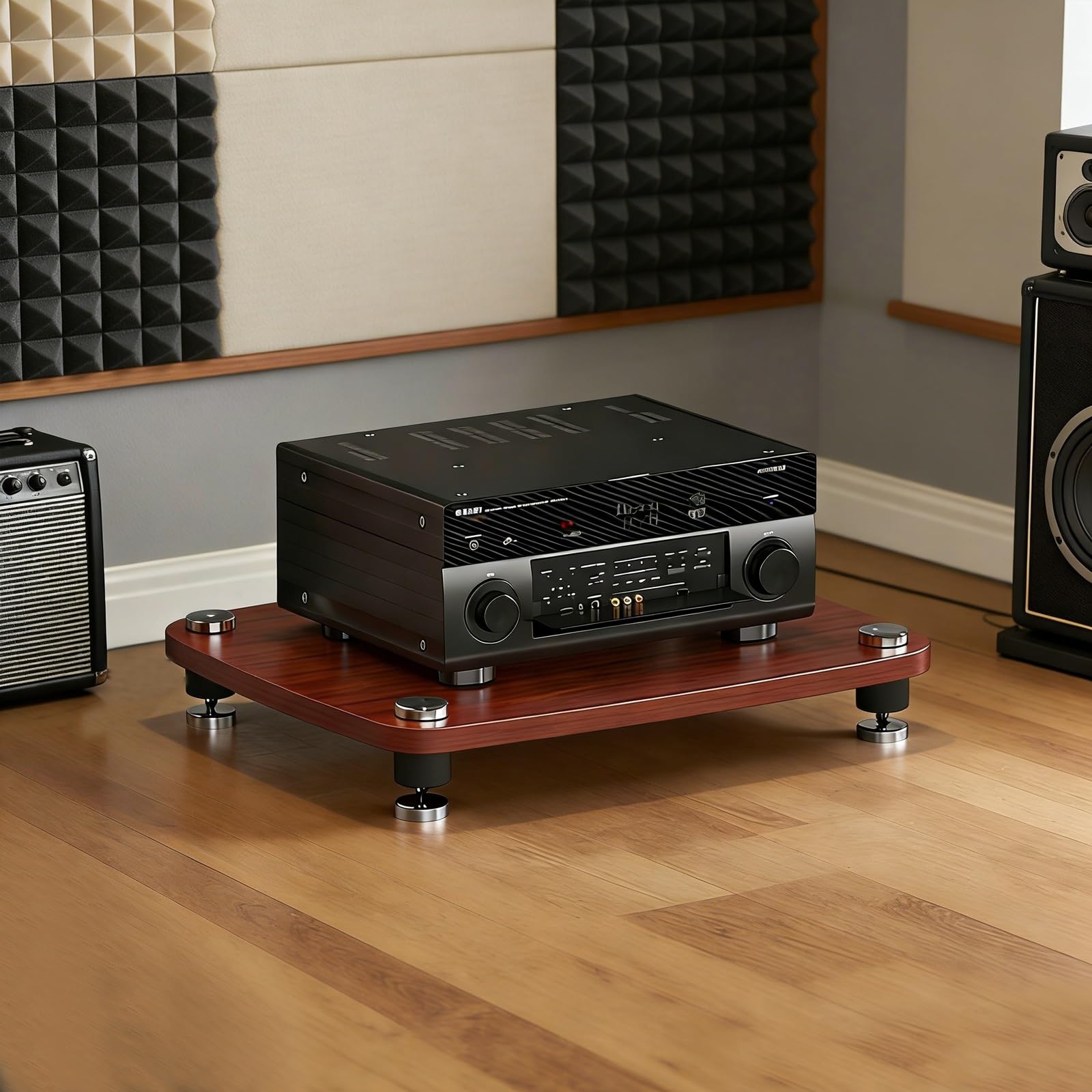 Estante AV de 4 niveles marrón que elimina vibraciones en reproductores de DVD y consolas