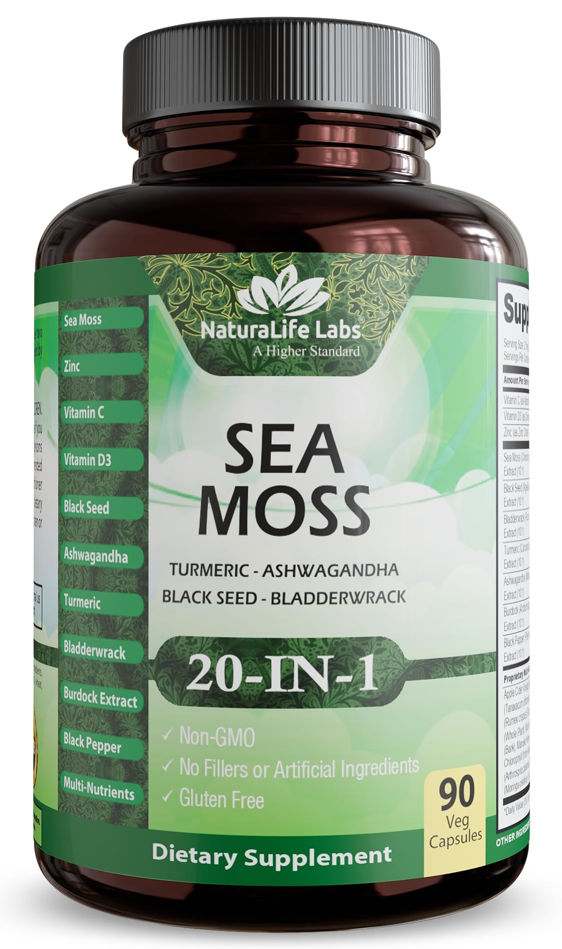 Sea Moss, Black Seed Oil, Bladderwrack, Turmeric, Ashwagandha, Burdock, Vitamin C, D3, Yellow Dock Root, Manuka, Dandelion - 90 Veggie caps