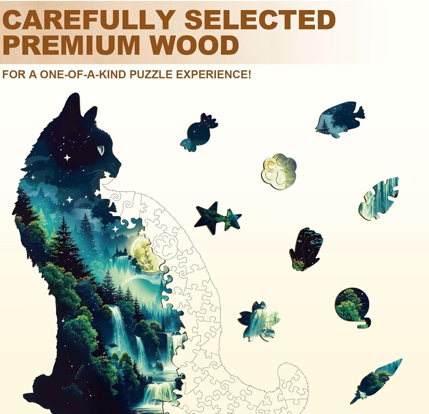 Cat Puzzles Forest Waterfall Nature Landscape Scenery Puzzle Adults Gift for Women Men Cat Lovers Wooden 170 Pieces, Unique Shape Animal Jigsaw Puzzles for Adults Holliday, 13.4 x 11.8in